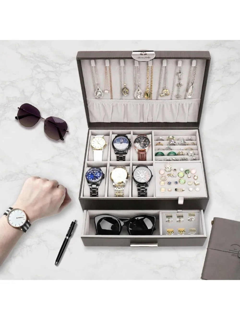Stylish 2-Layer Jewelry Box Organizer for Men - Watch, Ring & Cufflink Storage